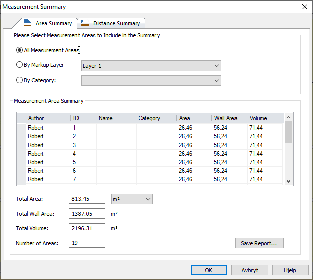 Measurement summary dialog