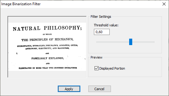 Binarization filter setup dialog