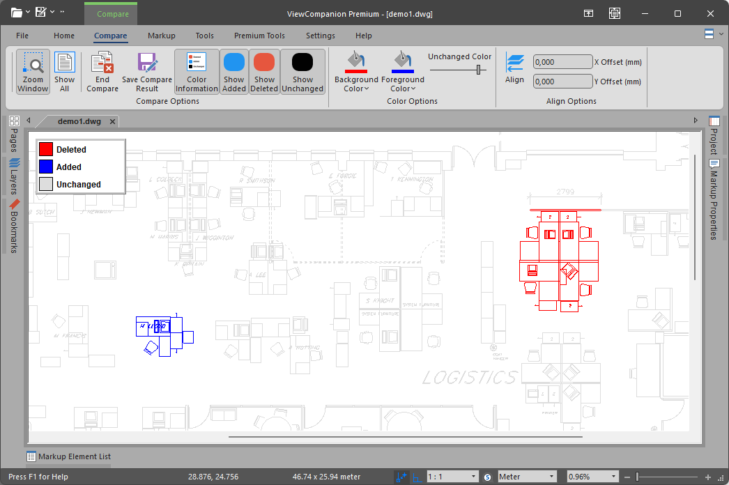 ViewCompanion Premium comparing two DWG drawing revisions, with deleted content shown in red, added content in blue and unchanged drawing content in light gray
