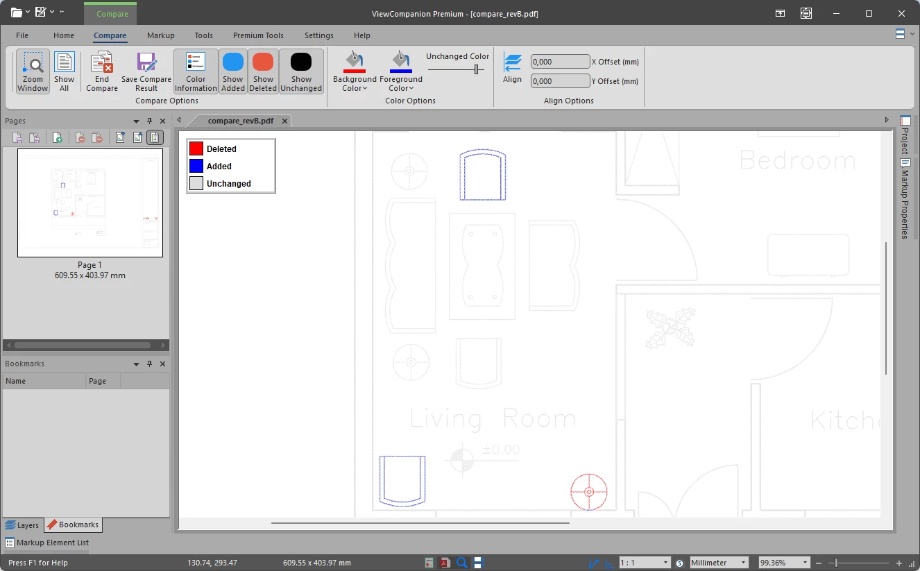 PDF compare result in ViewCompanion Premium showing visual differences between two PDF files