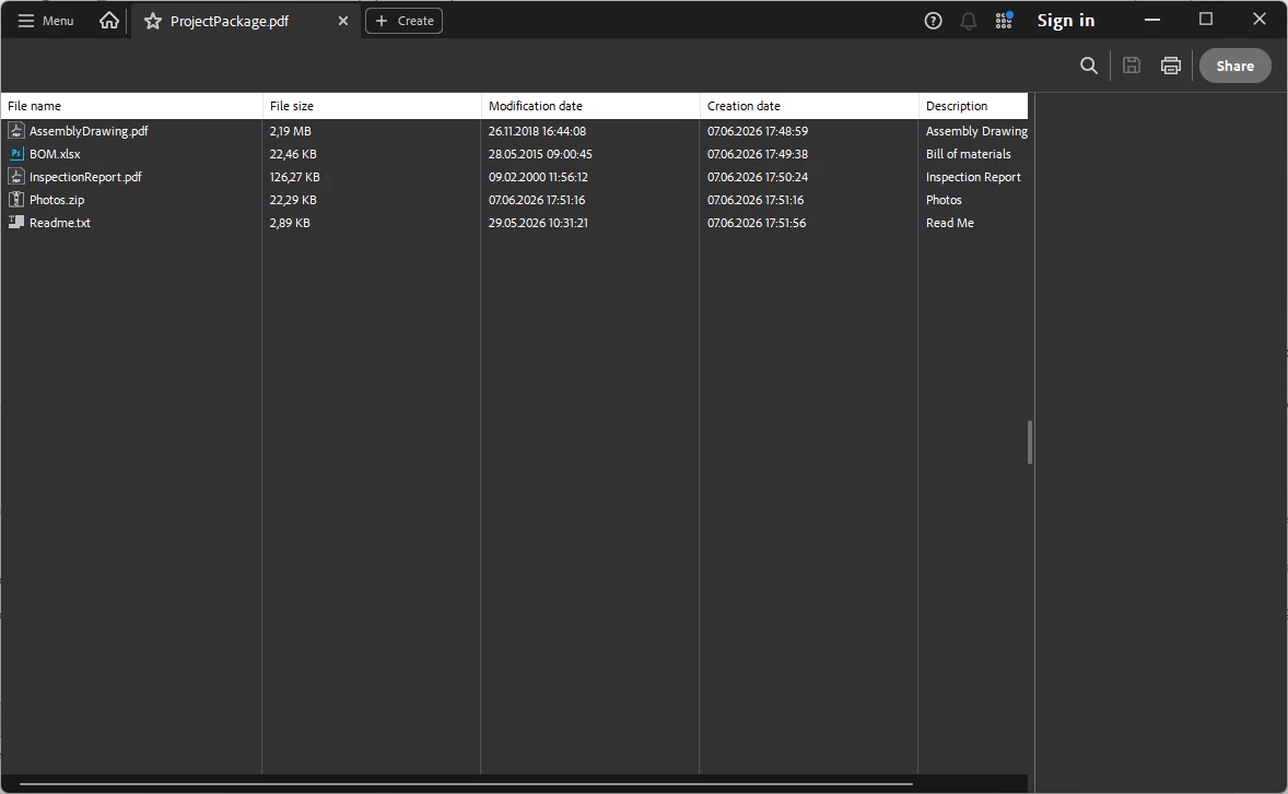Adobe Acrobat PDF Portfolio showing embedded files