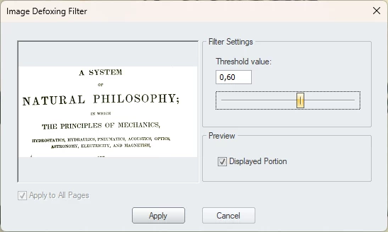 Defoxing filter setup dialog